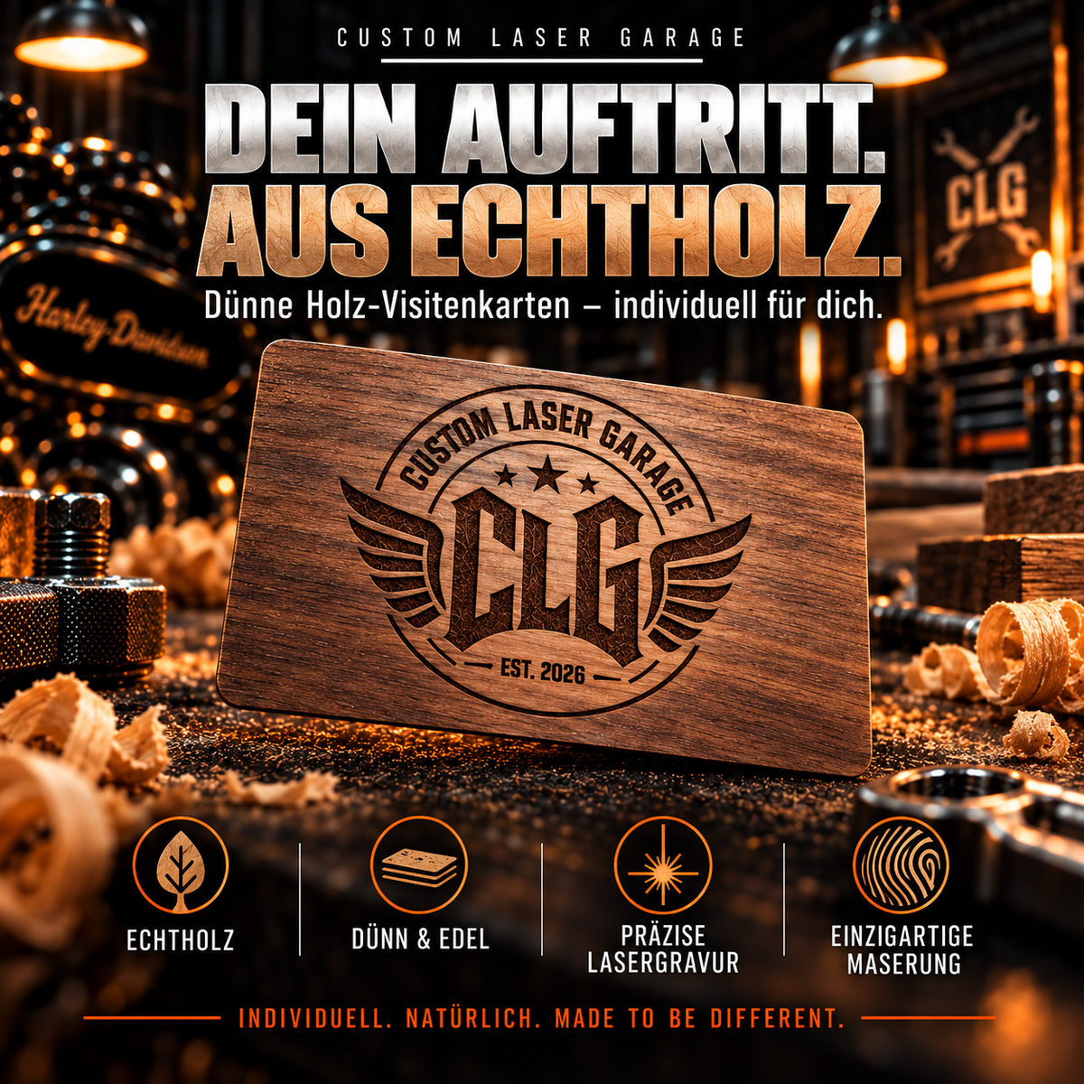 CLG Premium Holz Visitenkarten mit Lasergravur & QR-Code