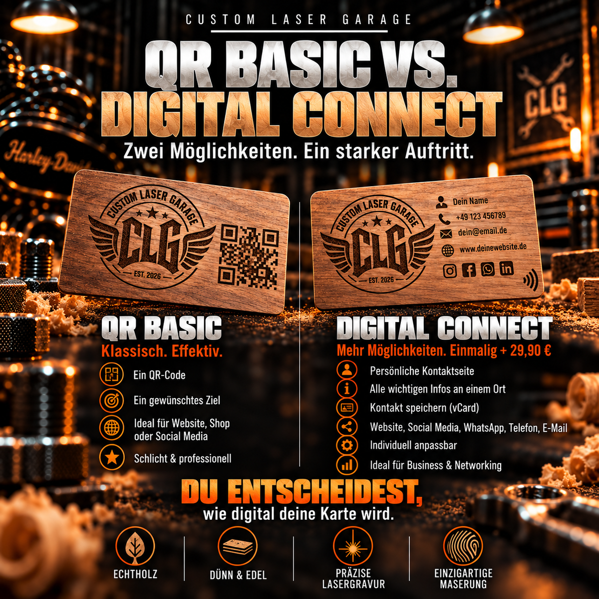 CLG Premium Holz Visitenkarten mit Lasergravur & QR-Code