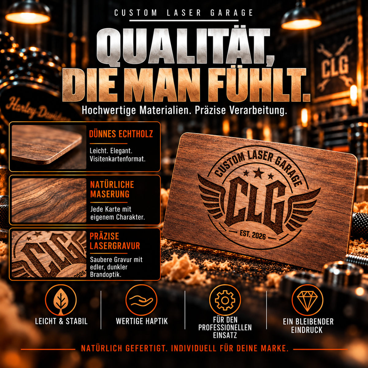 CLG Premium Holz Visitenkarten mit Lasergravur & QR-Code