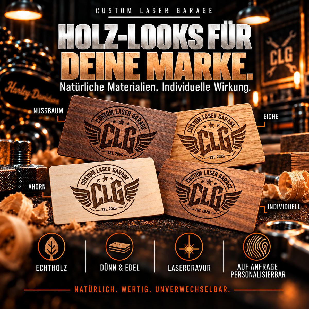 CLG Premium Holz Visitenkarten mit Lasergravur & QR-Code