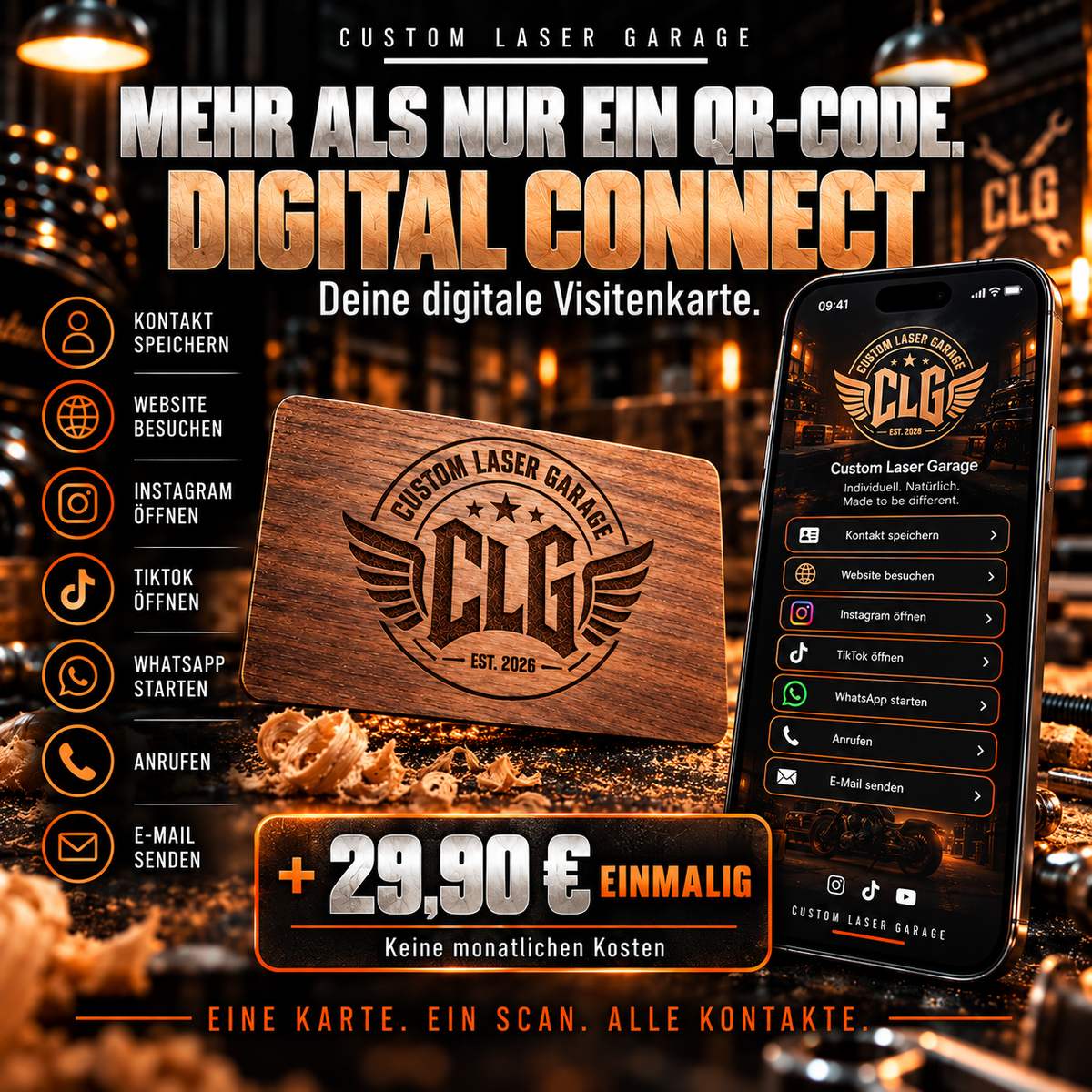 CLG Premium Holz Visitenkarten mit Lasergravur & QR-Code