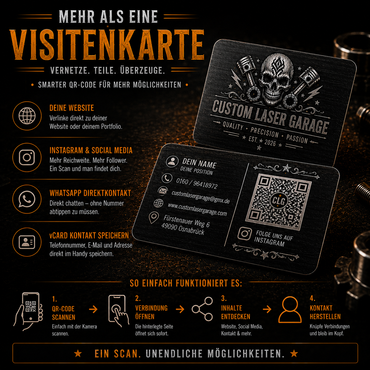 CLG Premium Aluminium Visitenkarten mit Lasergravur & QR-Code
