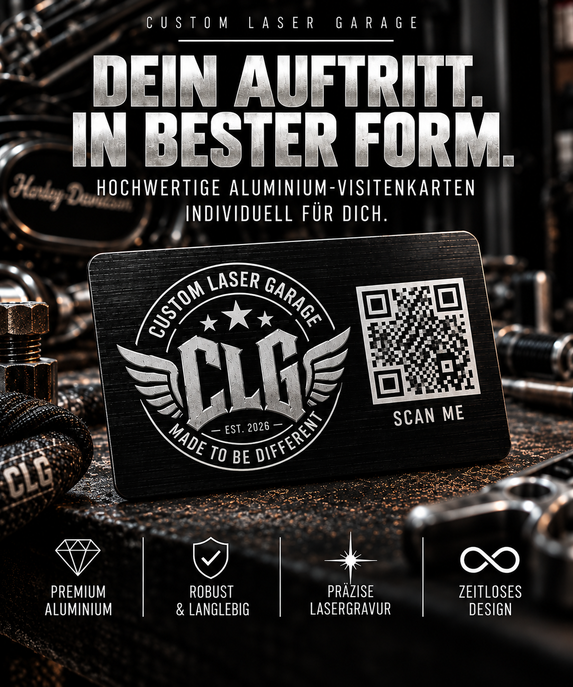 CLG Premium Aluminium Visitenkarten mit Lasergravur & QR-Code