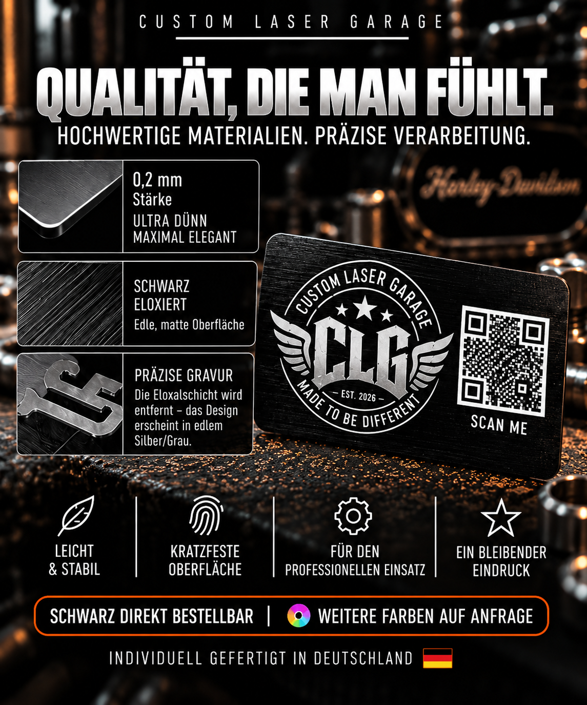 CLG Premium Aluminium Visitenkarten mit Lasergravur & QR-Code