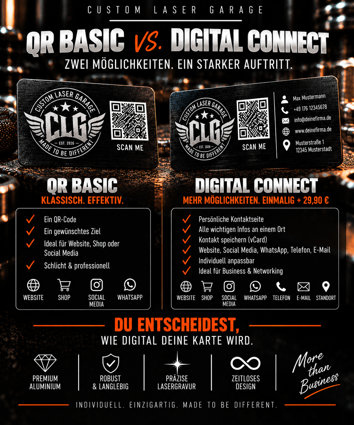 CLG Premium Aluminium Visitenkarten mit Lasergravur & QR-Code